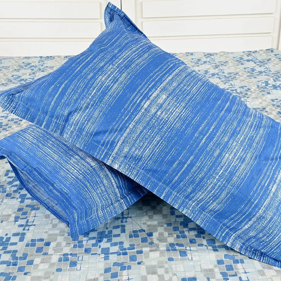 Divine Casa 144 TC 100% Pure Cotton Queen Size Double Bed Bedsheet with 2 Pillow Covers | Soft, Durable & All-Weather Comfortable Easy Care Sheet | Size 222 x 254 CM | Geometric Pixel | Blue White