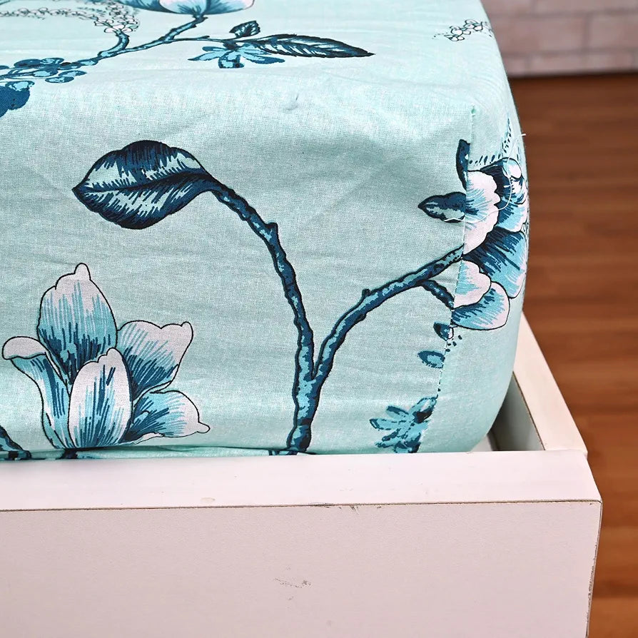 Divine Casa Floret 100% Cotton King Fitted Bedsheet | 144 TC | Deep Pocket Design | Soft & Breathable Fabric | Durable & Easy Care | 200 x 185 + 25 CM, Winter Fern