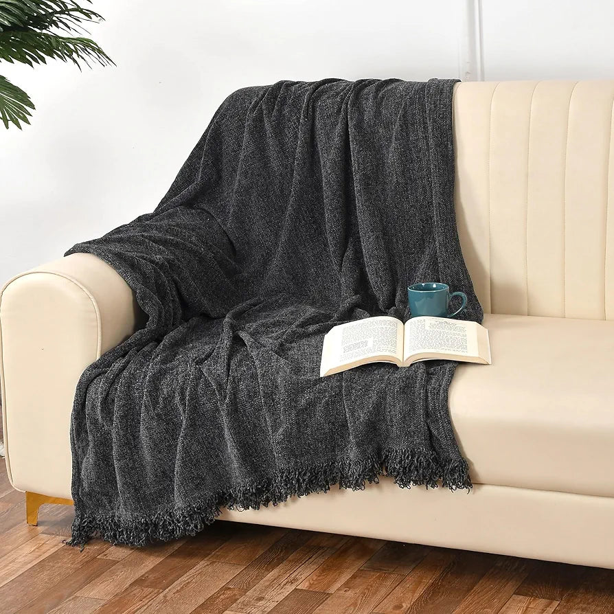 SASHAA WORLD Soft Chenille Throw | Throw Blanket for Sofa, Bed, Chair and Travel | Charcoal Throw Blanket | Pack of 1, 130 x 180 cm