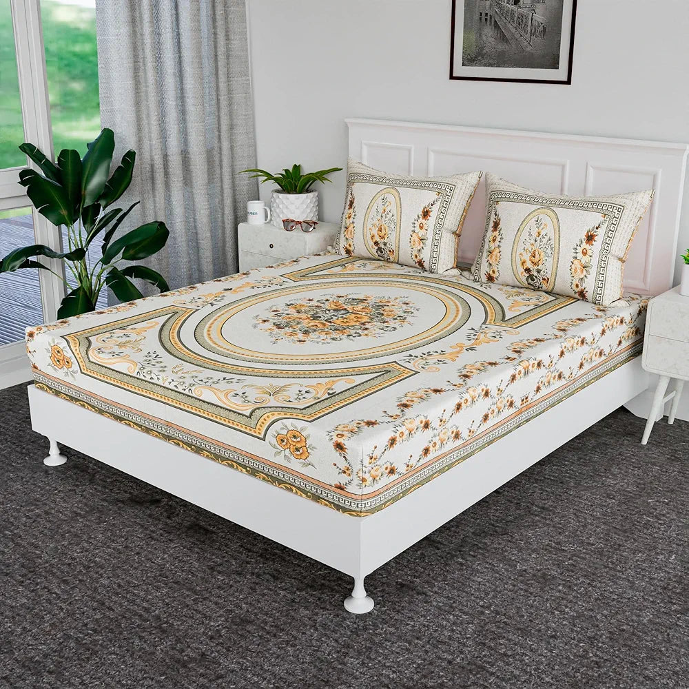 Kuber Industries 100x108 Inch Cotton Bedsheets for Double Bed with 2 Pillow Covers | Easy to Wash & Maintain Double Bedsheet Cotton Fabric for Daily Use | Kaleen Flower -Yellow