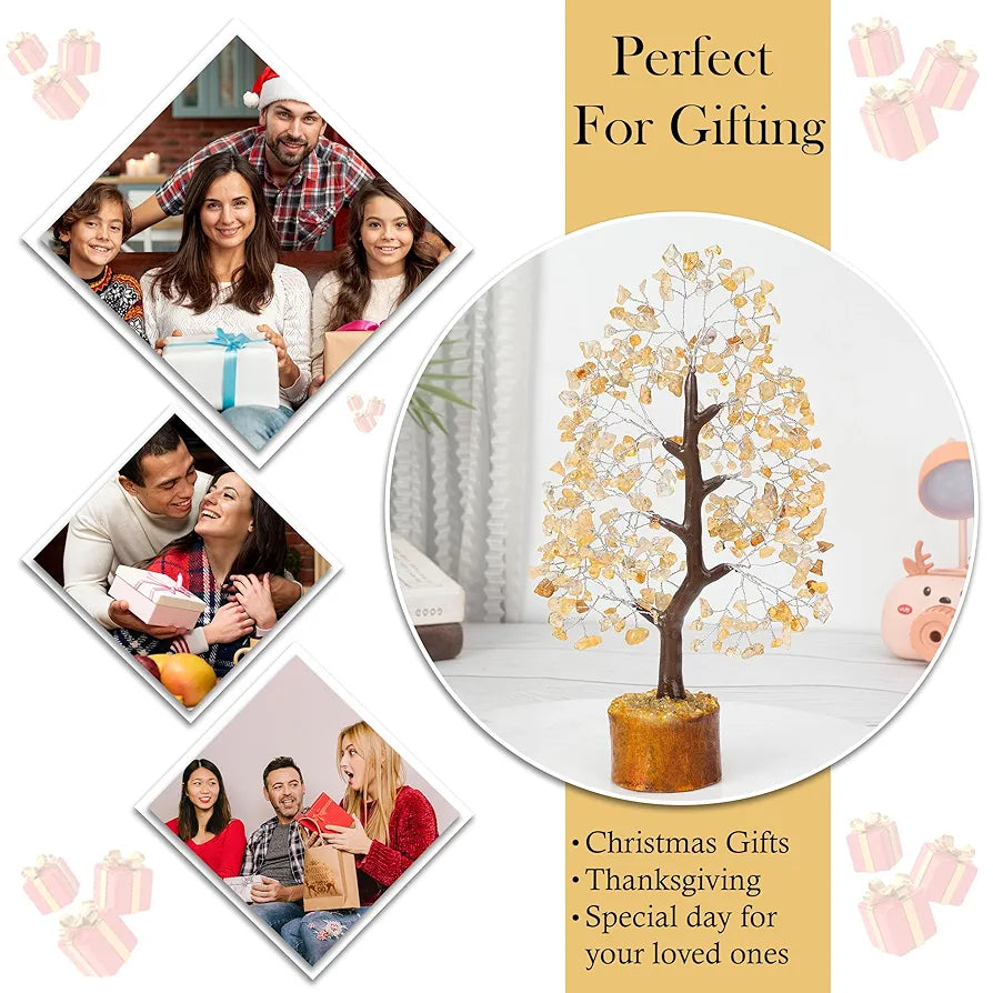 HindCraft Citrine Chakra Crystal Tree Good Luck Showpiece for Home Decor Items Crystals Gemstones Bonsai Money Tree for Good Luck, Decoration Gift Item, Silver Wire, 10-12 inch