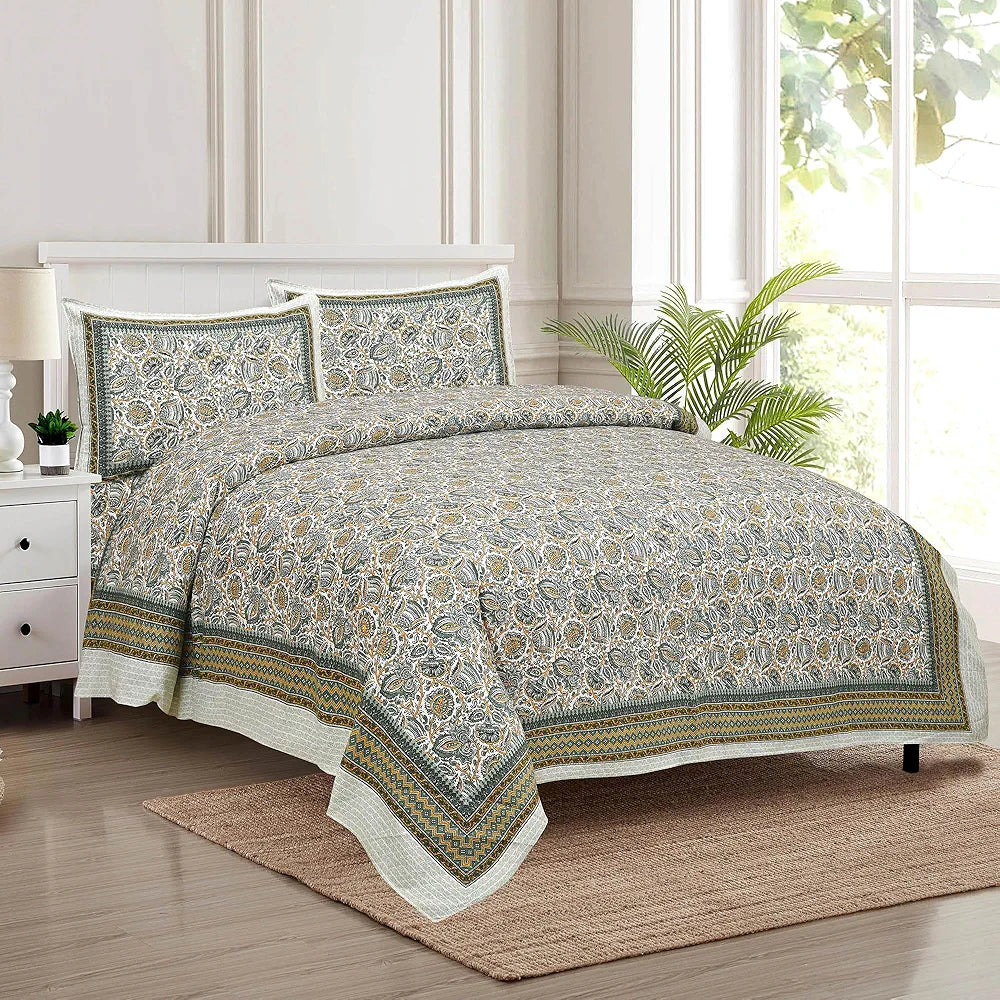 Kuber Industries Double Bedsheet with 2 Pillow Covers | 160 TC Premium Cotton Bedsheet for Double Bed | Bedsheet for Living Room-Home & Hotels | Dezier Bell Print | 90x108 Inch | Green