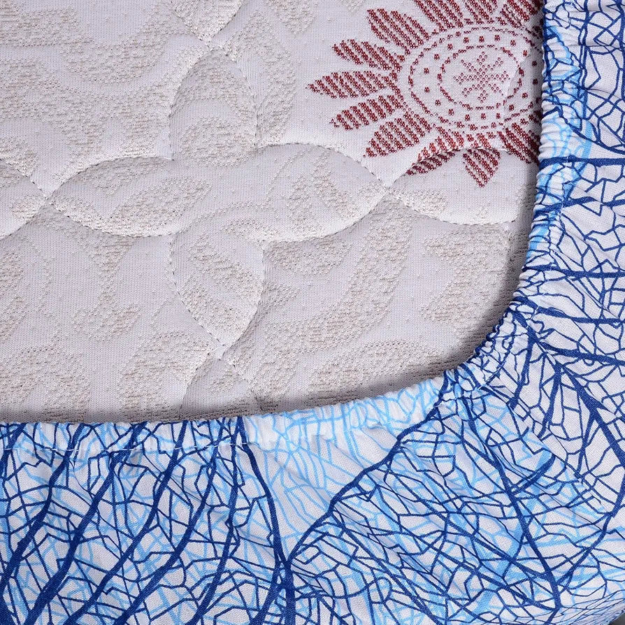 Divine Casa 144 TC Cotton Fitted Bedsheet for Single Bed | 100% Cotton – Floral Blue | Soft & Breathable | Everyday Use | Size 198 x 90 cm | with 1 Pillow Cover