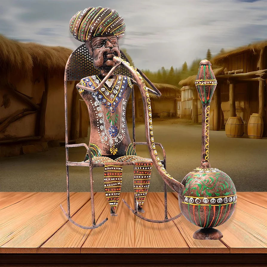 Kraftskala Ethinc Villager on Chair 16 inch Large Metal Decor Showpiece for Living Room Showcase, Tabletop Decor, Traditional Rajasthani Decorative Showpiece