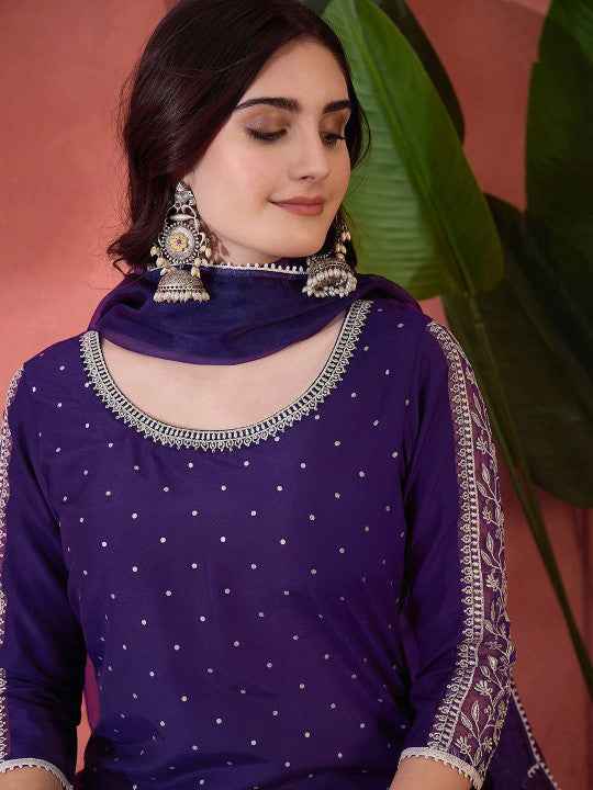 Sangria Zari Sequence Embroidered Straight Kurta & Trousers With Dupatta