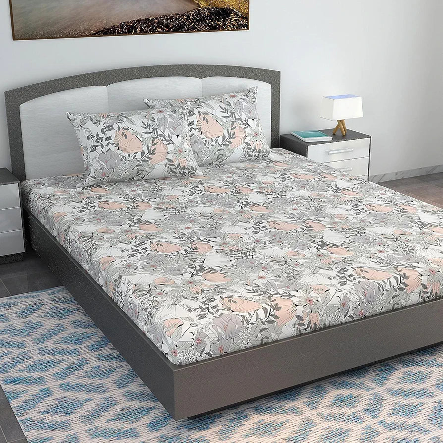 Divine Casa 144 TC 100% Cotton King Bedsheet with 2 Pillow Covers | Skin-Friendly Fabric for Everyday Comfort | 270 X 270 CM | Floral Pattern | Blush Grey