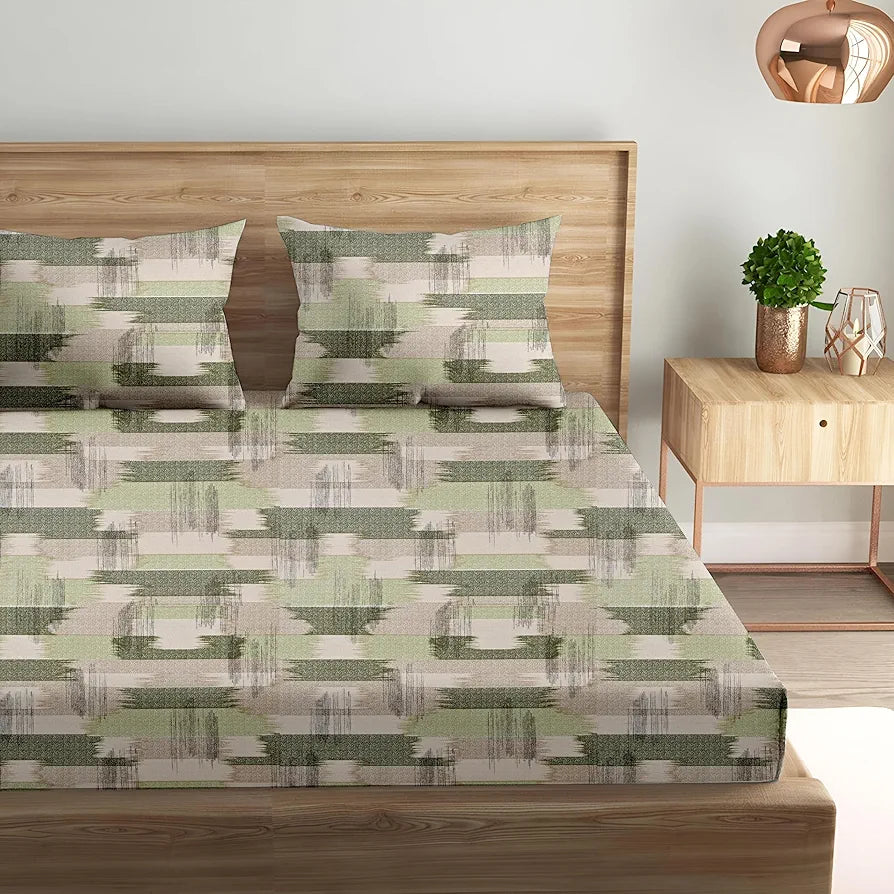 Trance Home Linen 100% Cotton 180 TC Bedsheet | Queen Size Printed Fitted Bedspread with 2 Pillow Covers 