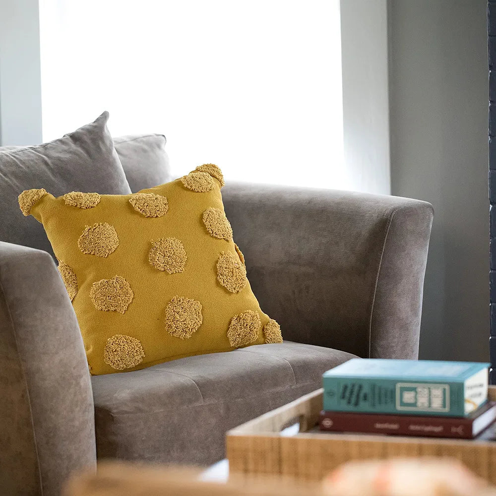 SASHAA WORLD Cotton Tufted Dots Cushion Cover | Mustard Boho Decorative Pillow Cover for Sofa, Living Room, or Bed | Zipper Closure, Elegant Chic Design | 18x18 Inches