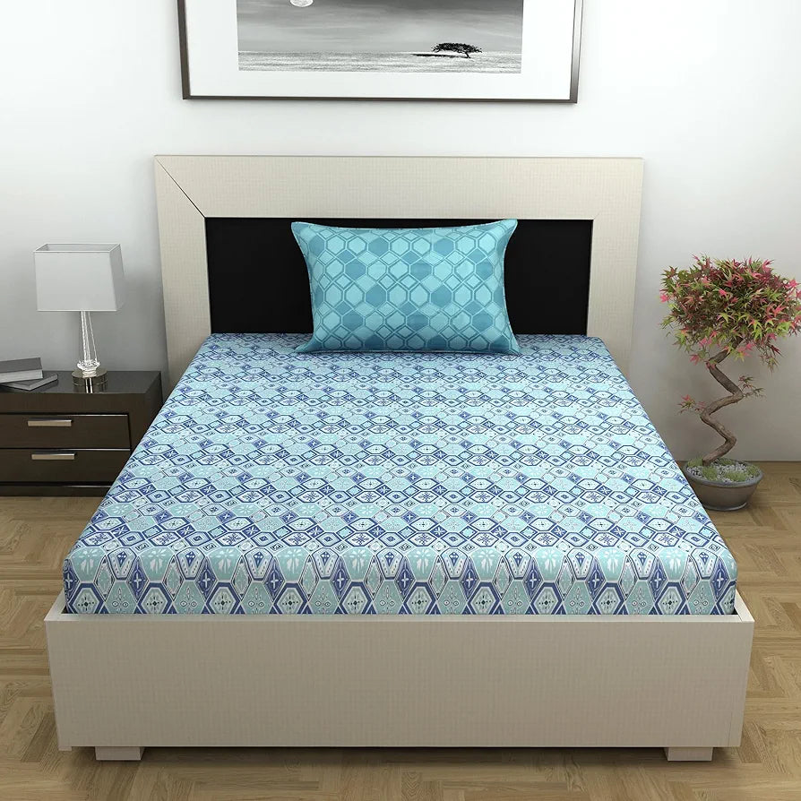 Divine Casa 144 TC 100% Pure Cotton Single Size Bedsheet with 1 Pillow Cover | Soft, Durable & Skin-Friendly Fabric for All-Season Comfort & Use | Size 223 x 145 CM | Geo Nordic Hexa | Ice Aqua Blue