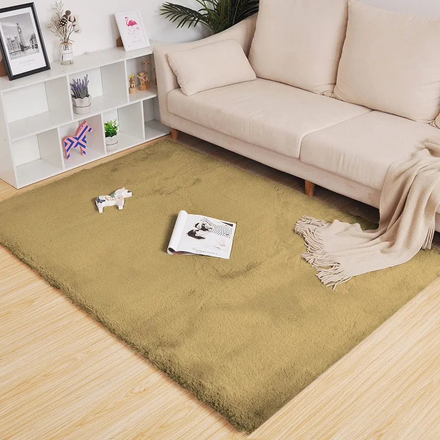 LUXE HOME INTERNATIONAL Ruffle Floor Rug Rabbit Fur 1000 Gsm Living Room Foot Mats Anti Skid Water Absorbent Easy Machine Washable Rectangular Rug For Bedroom|Floor|4 X 6 Ft|Mocka|Pack Of 1