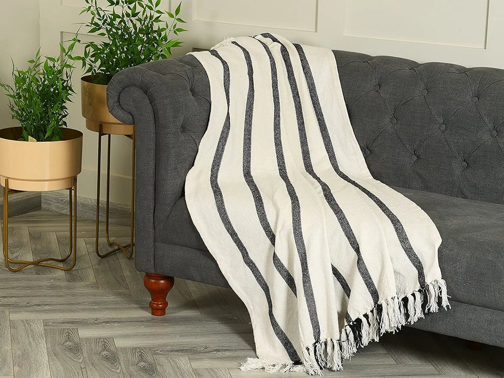 SASHAA WORLD Striped Throw Blanket | Throw Blanket for Living Room, Bedroom, Sofa & Chair | Beige & Black Throw Blanket | Size 180 x 200 cm Pack of 1