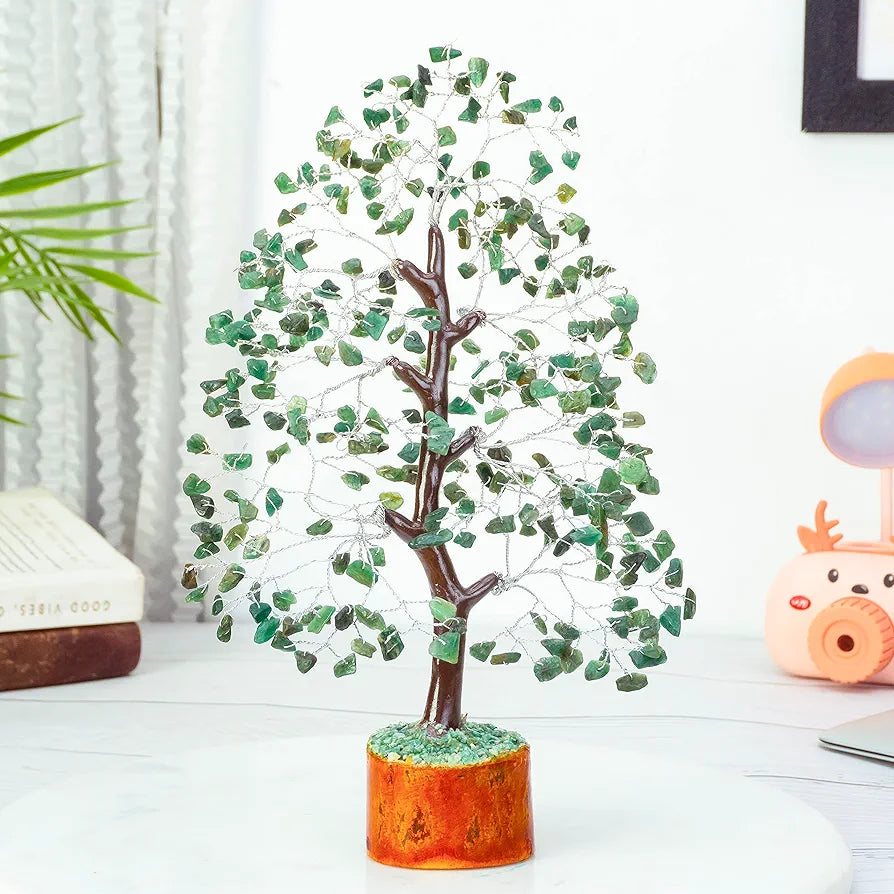 HindCraft Green Aventurine Crystal Tree Good Luck Showpiece for Home Decor Items Crystals Gemstones Bonsai Money Tree for Good Luck, Decoration Gift Item, Silver Wire, 10-12 inch