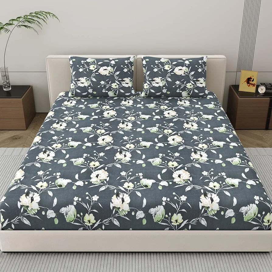 Dreamscape Microfibre Wrinkle & Fade Resistant Fitted Bedsheet for King Bed, 140TC, 1 Fitted Bed Sheet  with 2 Pillow Covers, Dk. Grey