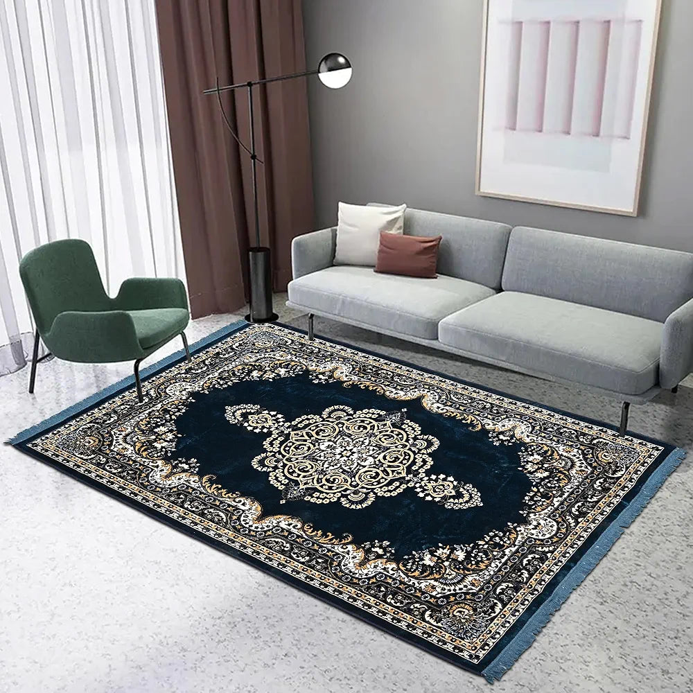 Kuber Industries 5x7 Feet Carpets for Living Room | Machine Washable Bedside Floor Rugs Mat for Bedroom, Balcony & Drawing Room | Floral Print - Navy & Sea Blue