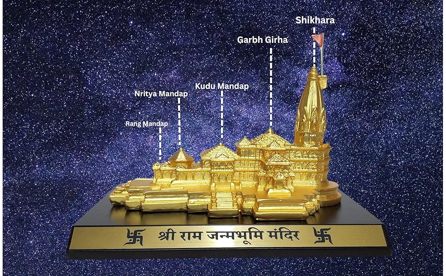 Gold Art India Ram Mandir Ayodhya Gold Plated Matte 24 Karat - Minature for Gifting, Puja Room, Office Desk, Home Decor 