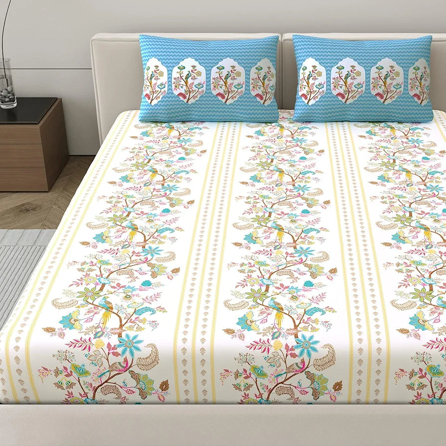 Dreamscape 100% Cotton King Fitted Bedsheet with 2 Pillow Covers - 