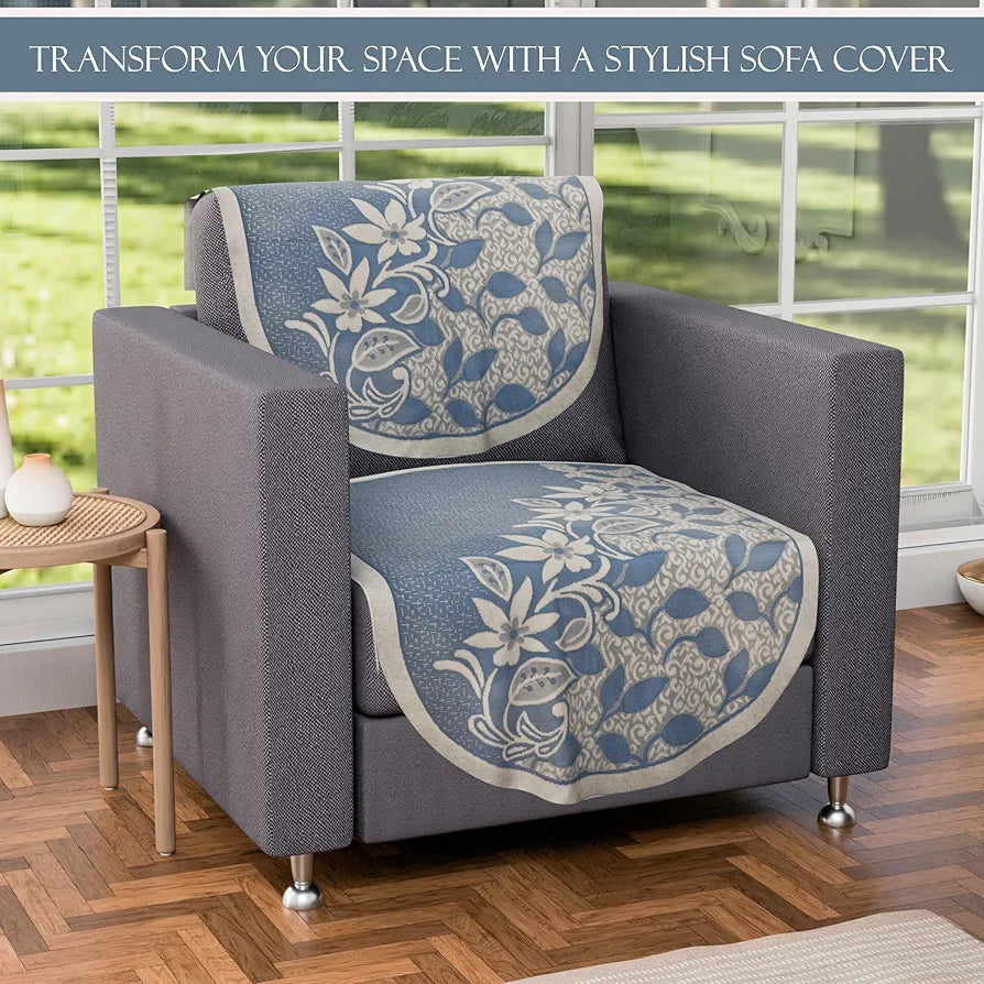 Kuber Industries 5 Seater Cotton Sofa Cover/Slip Cover | Set of 10 Pieces | Removable & Washable Sofa Set Cover for Living Room -Floral Blue