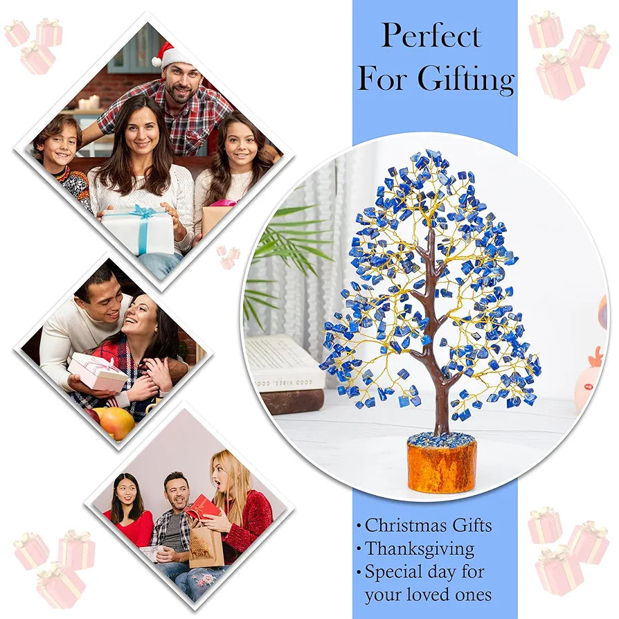 HindCraft Lapis Lazuli Crystal Tree Good Luck Showpiece for Home Decor Items Crystals Gemstones Bonsai Money Tree for Good Luck, Decoration Gift Item, Golden Wire, 10-12 inch