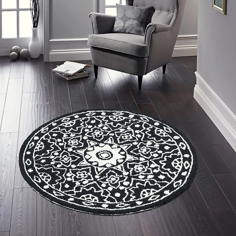 THE HOME TALK Tufted Round Wool Carpet | Area Rugs for Living Room, Bed Room, Hall, Coffee Tableb| Hand Tufted Rugs | Black & Grey | 3' Round