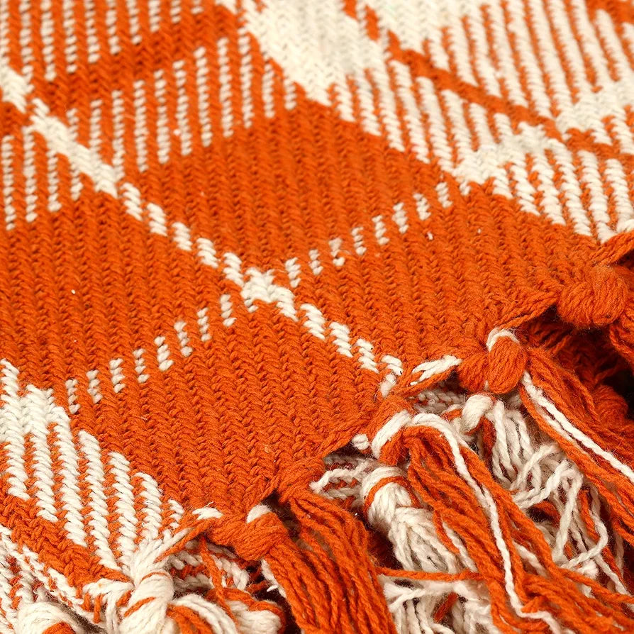SASHAA WORLD Plaid Blanket | Throw for Living Room, Bedroom, Sofa & Chair | Orange and White Blanket | 1200g, 125x150 cm