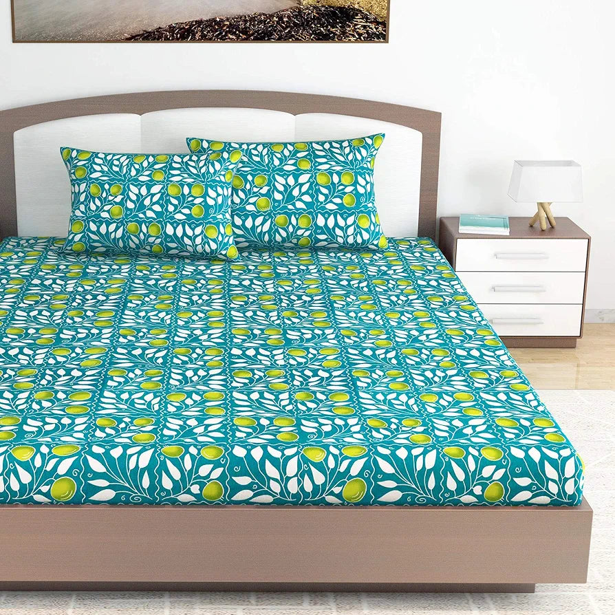 Divine Casa 100% Cotton 144 TC King Size Bedsheet with 2 Pillow Covers | 270 by 270 cm | Teal & Yellow | Floral