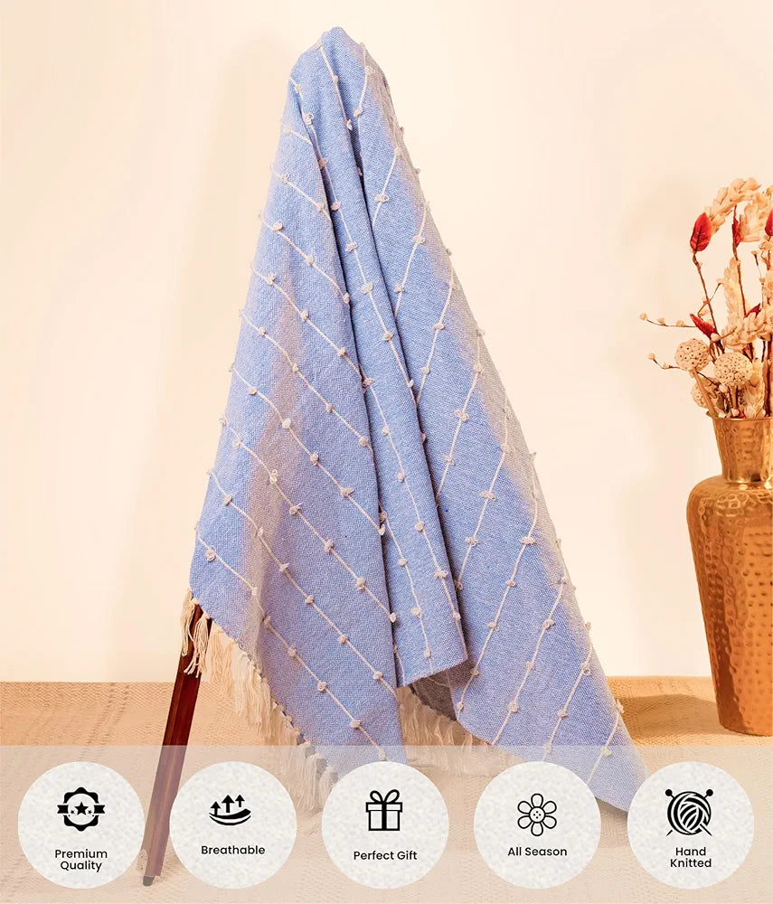 SAJAVAT HOME Hand-Knitted Pure Cotton 3 Seater Sofa Throw | 80x52 Inches/204x132 Cm | Blue Throw for Sofa, Bed, Chair & Travel - Ideal for All Season | Pack of 1