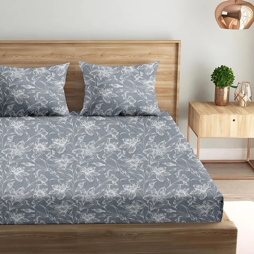 Trance Home Linen 100% Cotton 144TC Elastic Fitted Bedsheet | Printed Queen Bed Size Elasticate Fitted Bedspread with 2 Pillow Covers 