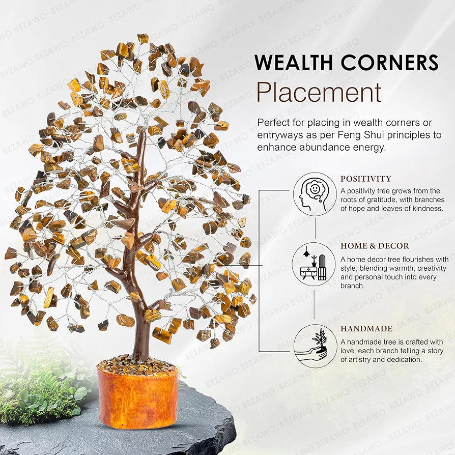 BEZAVO Tiger Eye Crystal Tree – Tree of Life for Good Luck & Prosperity | Artificial Decor for Home & Office | Ideal Housewarming Gift for Men & Women 