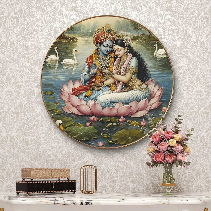 Livin'luxe paintings Divine Radha Krishna on Lotus Wall Painting with Frame - Sparkle Glossy Round Golden Framed Large Painting for Office, Living Room, Bedroom, Home Wall Decoration