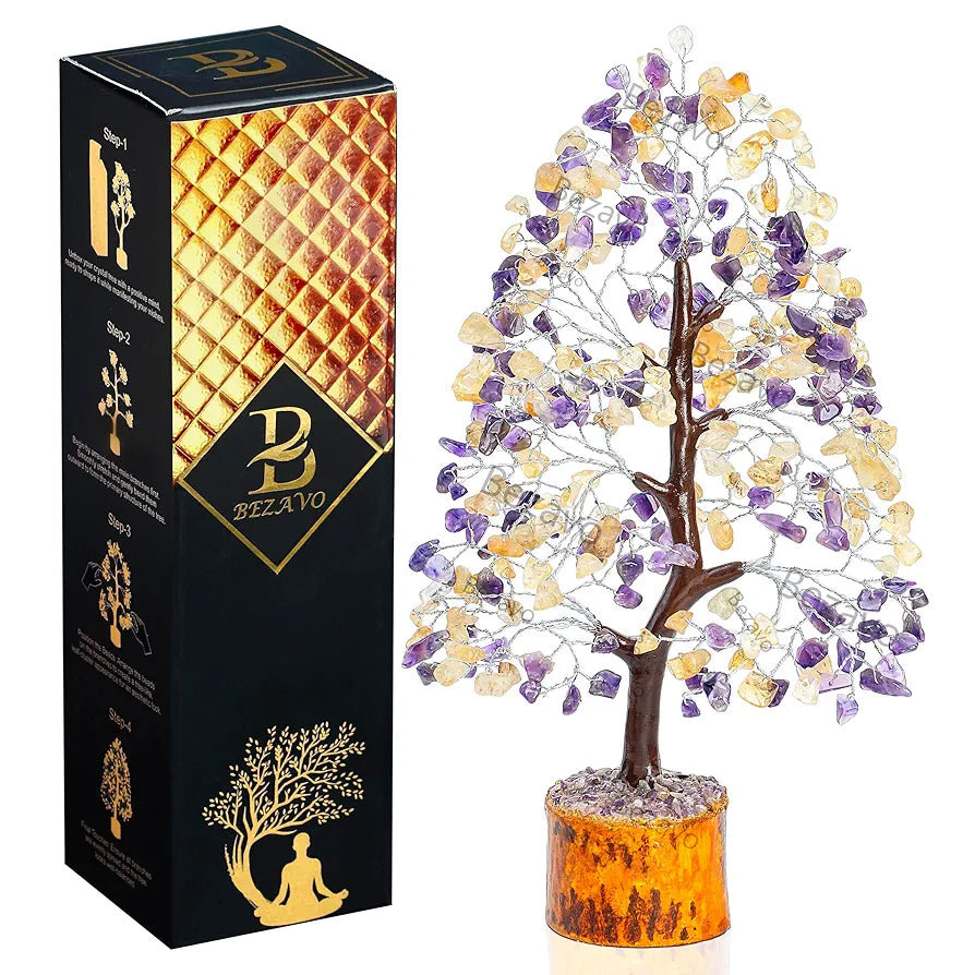 BEZAVO Amethyst & Citrine Crystal Tree | Feng Shui Seven Chakra Energy Tree | Decorative Showpiece for Home & Office | Ideal Marriage Gift & Antique Home Decor – 10-12 Inch 