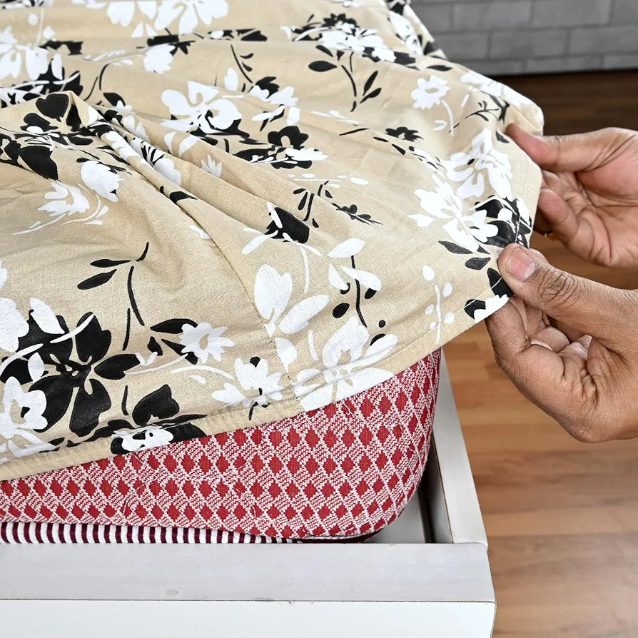 Divine Casa Floret 100% Cotton Double Fitted Bedsheet | 144 TC | Deep Pocket Design | Soft & Breathable Fabric | Durable & Easy Care | 200 x 150 + 25 CM, Ivory Sunflowers