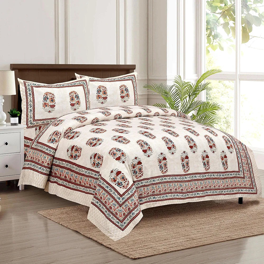 Kuber Industries Double Bedsheet with 2 Pillow Covers | 160 TC Premium Cotton Bedsheet for Double Bed | Bedsheet for Living Room-Home & Hotels | Dezier Flower Boota | 90x108 Inch | Cream