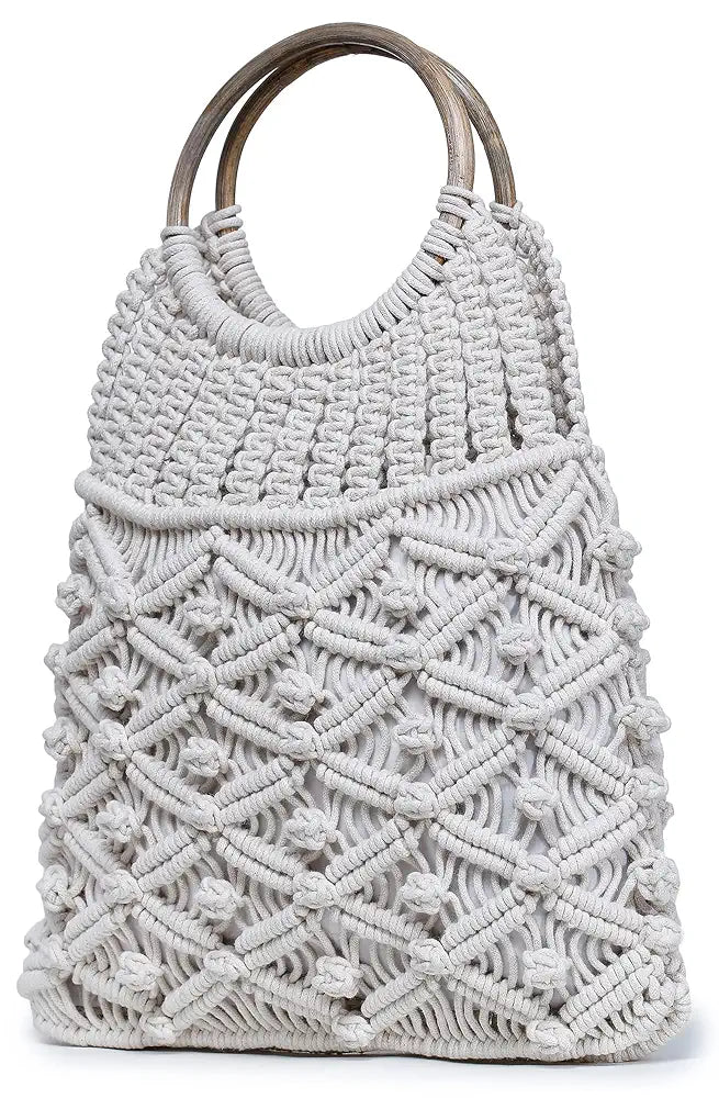 ALII AND ALIIZEY Off-White Macrame Braided Wooden Handle HandBag 
