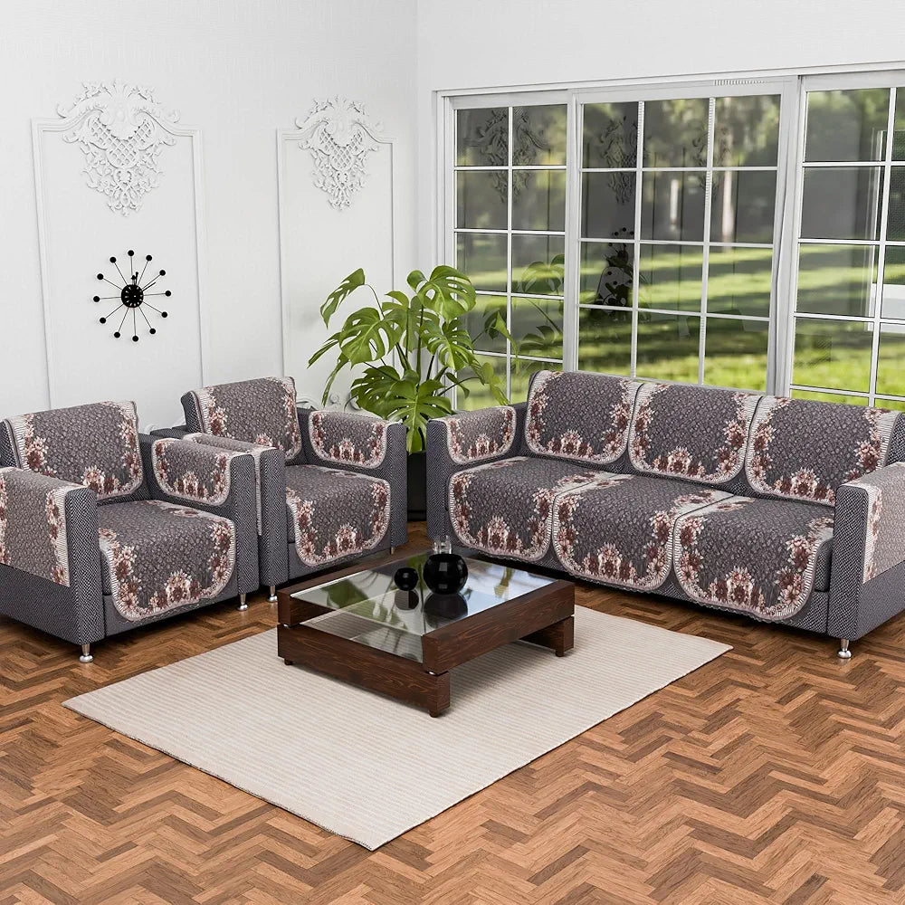 Kuber Industries Set of 16 Anti-Skid Sofa Cover 5-Seater with Arm Cover | Comfortable Slipcover Sofa Cloth & Furniture Protector for Home Decor | Floral Print - Dark Olive Green