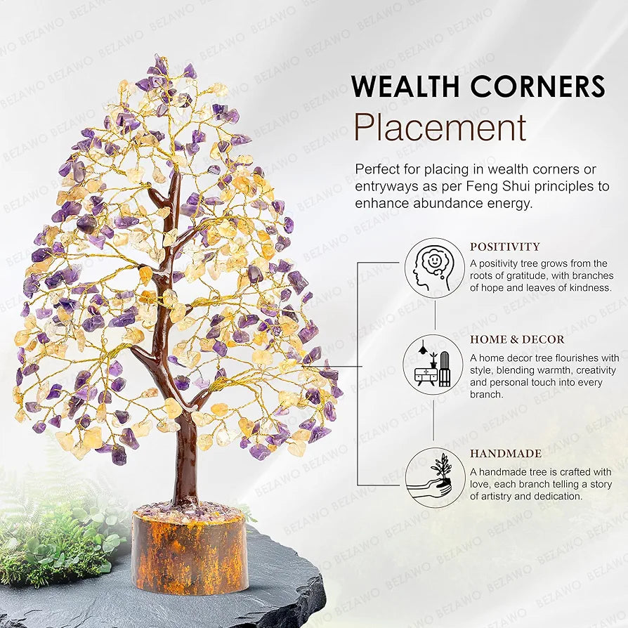 BEZAVO Amethyst & Citrine Crystal Tree | Feng Shui Tree of Life for Healing & Prosperity | Positive Energy Crystal Tree for Home & Office | Ideal Anniversary & Birthday Gift 