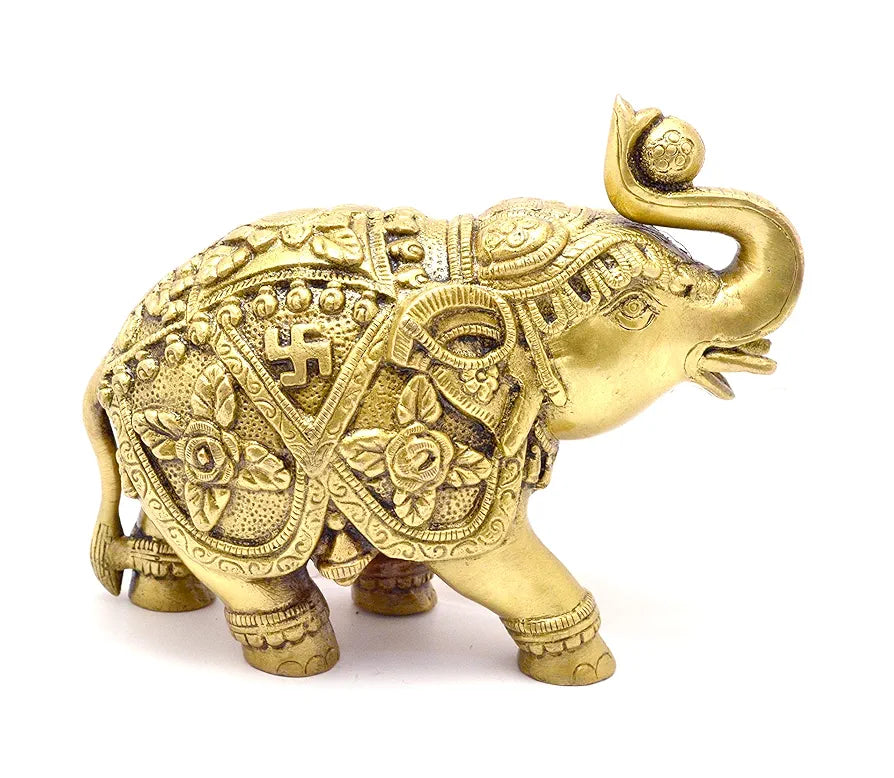 Two Moustaches Om and Swastika Carving Brass 7 Inches Elephant Showpiece, Weight - 1.6 Kg, Standard, Pack of 1