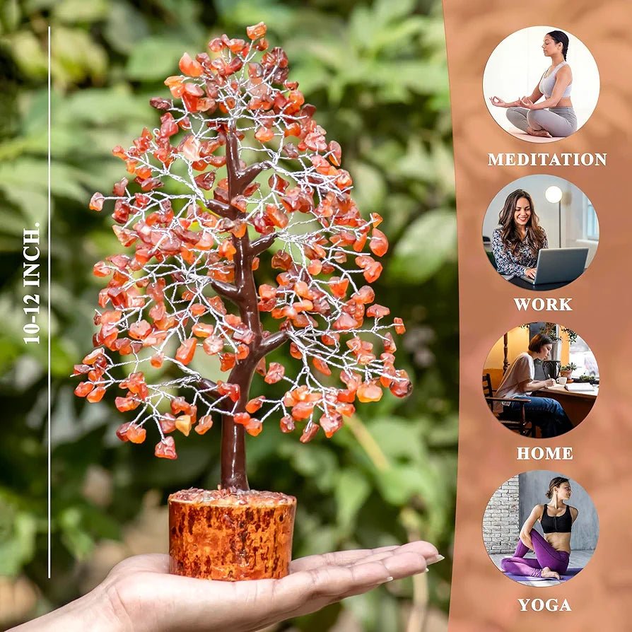 HindCraft Carnelian Chakra Crystal Tree Good Luck Showpiece for Home Decor Items Crystals Gemstones Bonsai Money Tree for Good Luck, Decoration Gift Item, Silver Wire, 10-12 inch