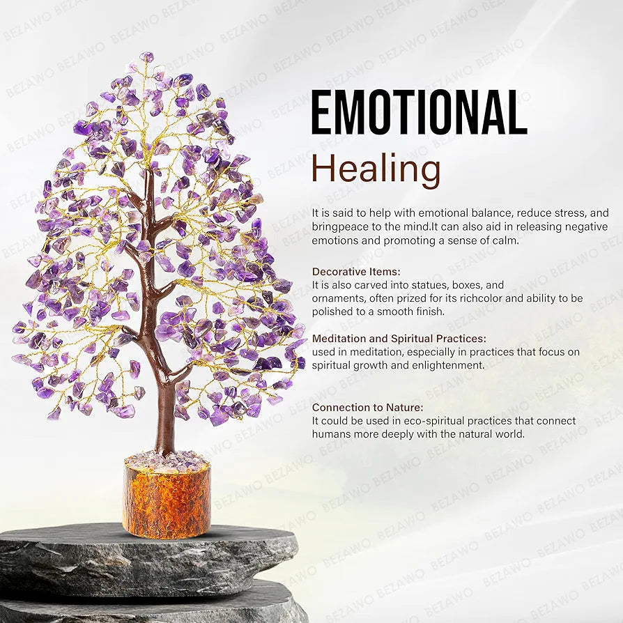 BEZAVO Amethyst Gemstone Crystal Bonsai Tree – Good Luck Money Tree for Home & Office Decor | Gift Item for Prosperity & Positive Energy – 10-12 Inch 
