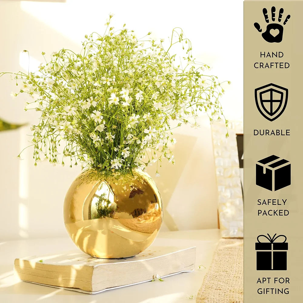 BEHOMA Metal Ball Round Flower Vase for Home Decor|Table Decorative Item for Bedroom Living Room Office Wedding | Best Gift for Birthday Anniversary Festival | Gold, Small
