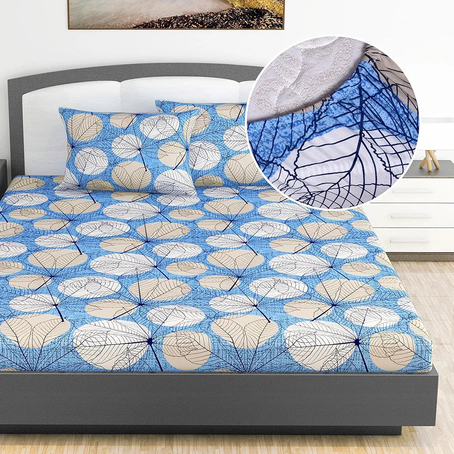 Divine Casa 144 TC Cotton Fitted Bedsheet for King Bed | 100% Cotton – Floral Blue | Soft, Lightweight & Elastic Fit | Size 78x72 Inch | Everyday Use Bedsheet