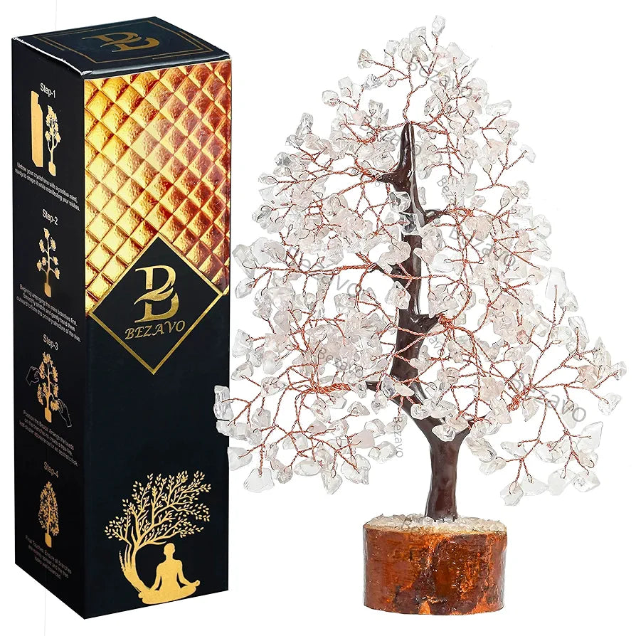 BEZAVO Clear Quartz Crystal Healing Tree | Feng Shui Tree for Positive Energy | Artificial Plant for Home & Office Decor | Thoughtful Gift for Men & Women – Birthday & Anniversary 