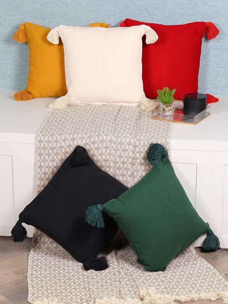 SASHAA WORLD 100% Cotton Cushion Covers with Tassels/Decorative Throw Pillow Set of 2 