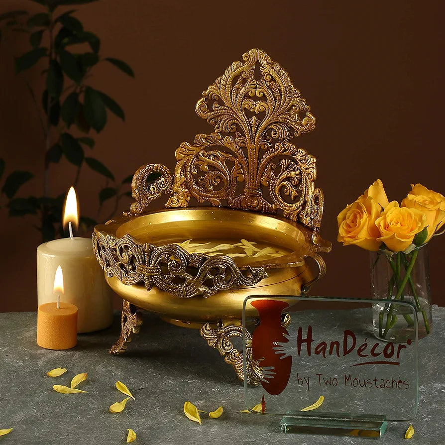 Two Moustaches 10.5 Inches Ethnic Design Brass Urli Traditional Bowl Decor Showpiece, Urli Bowl for Home Decor, Standard, Pack of 1