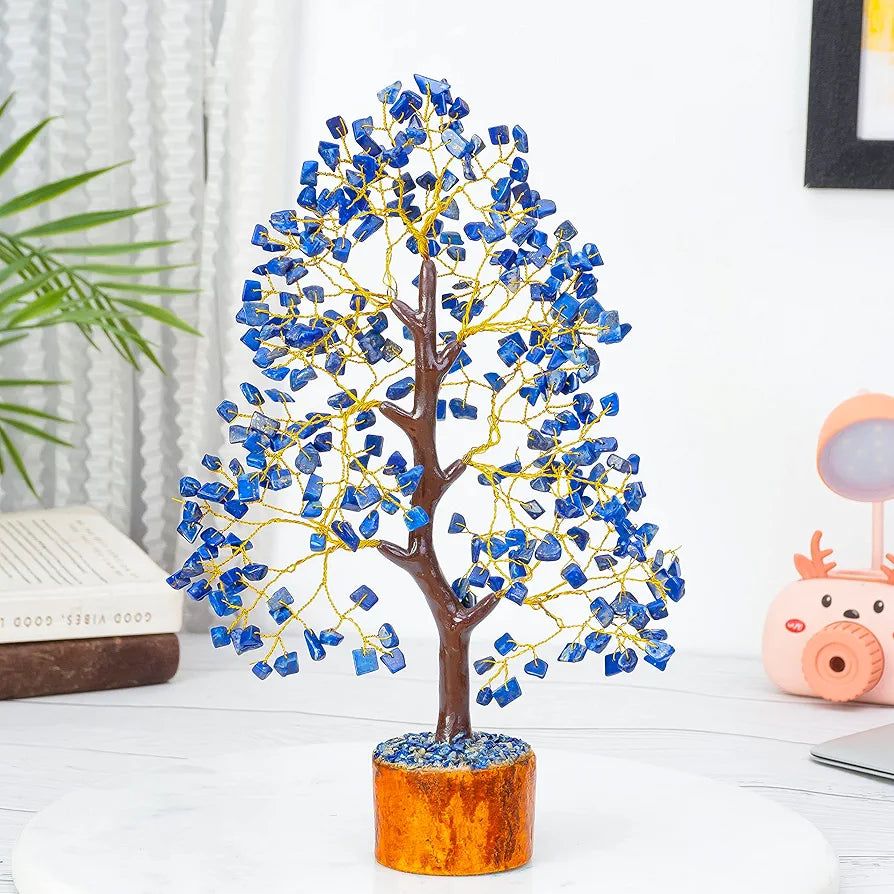 HindCraft Lapis Lazuli Crystal Tree Good Luck Showpiece for Home Decor Items Crystals Gemstones Bonsai Money Tree for Good Luck, Decoration Gift Item, Golden Wire, 10-12 inch