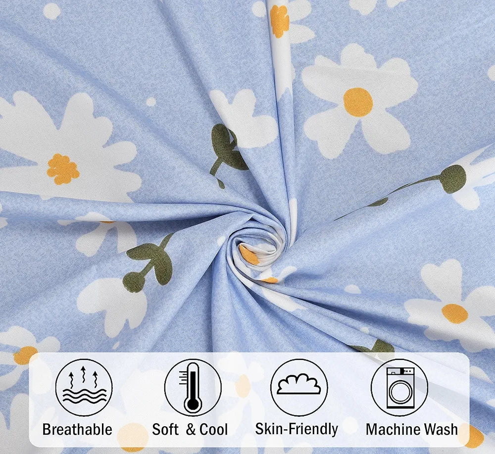 FRESH FROM LOOM Soft Microfiber Floral Print King Size Fitted Bedsheet - 240 TC, Hypoallergenic, 2 Pillow Covers  | Casper-Blue)