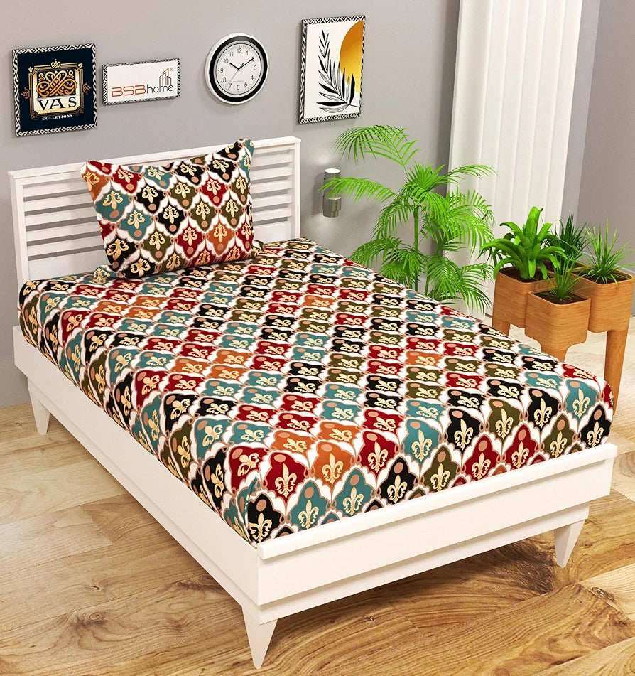 144 Tc Microfiber Jaipuri Single Bedsheet  with Pillow Cover for Your Home, Multicolour