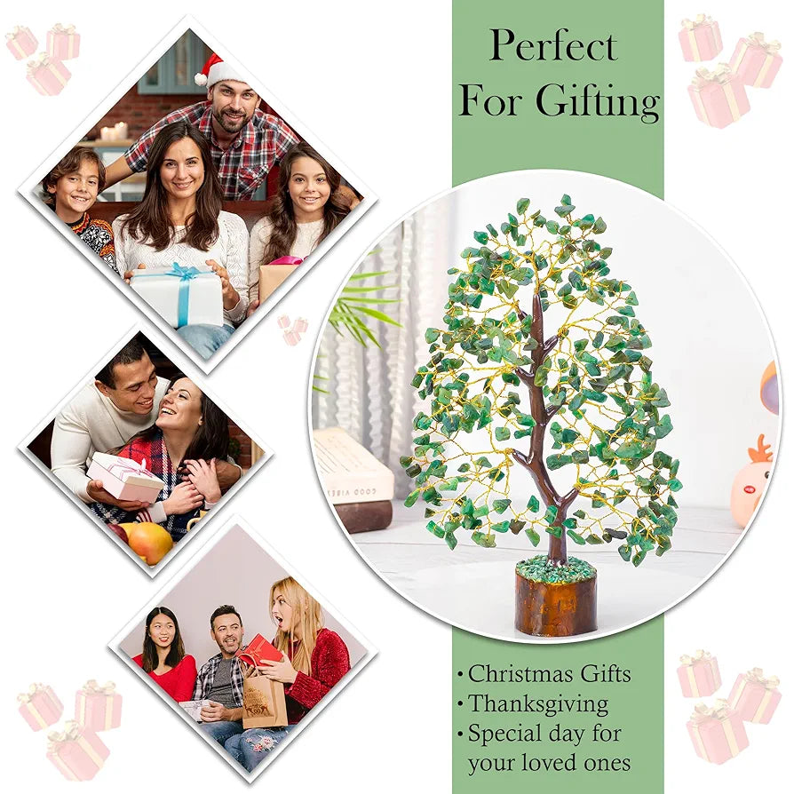HindCraft Green Aventurine Crystal Tree Good Luck Showpiece for Home Decor Items Crystals Gemstones Bonsai Money Tree for Good Luck, Decoration Gift Item, Golden Wire, 10-12 inch
