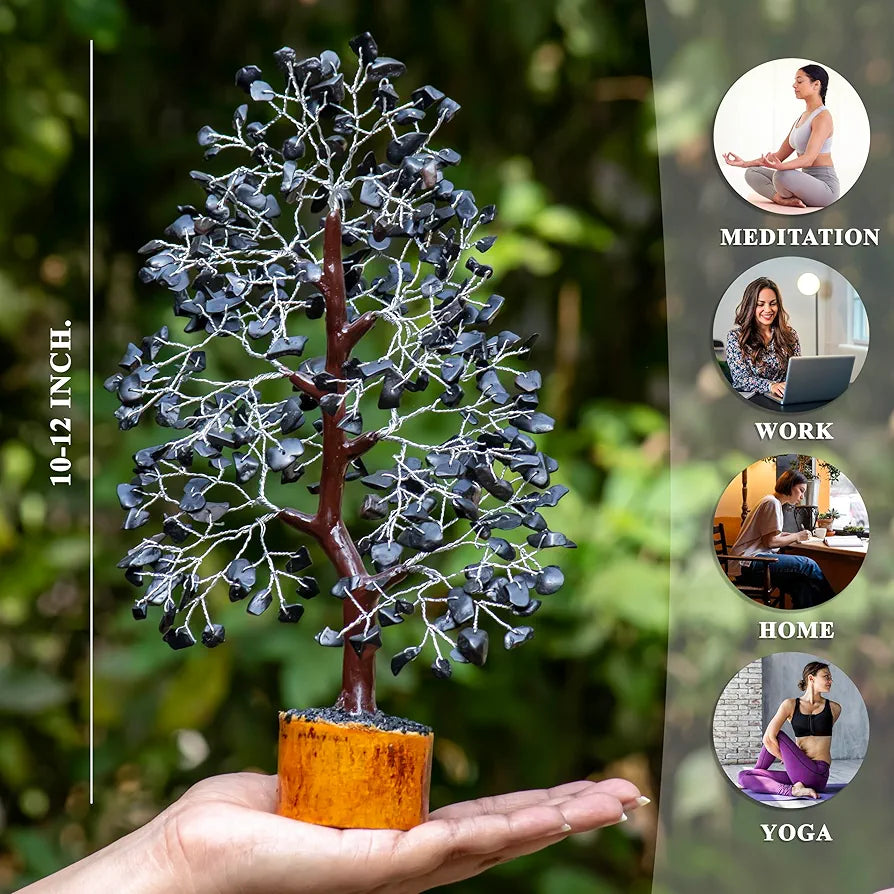 Hindcraft Black Tourmaline Crystal Tree Good Luck Showpiece for Home Decor Items Crystals Gemstones Bonsai Money Tree for Good Luck, Decoration Gift Item, Silver Wire, 10-12 inch