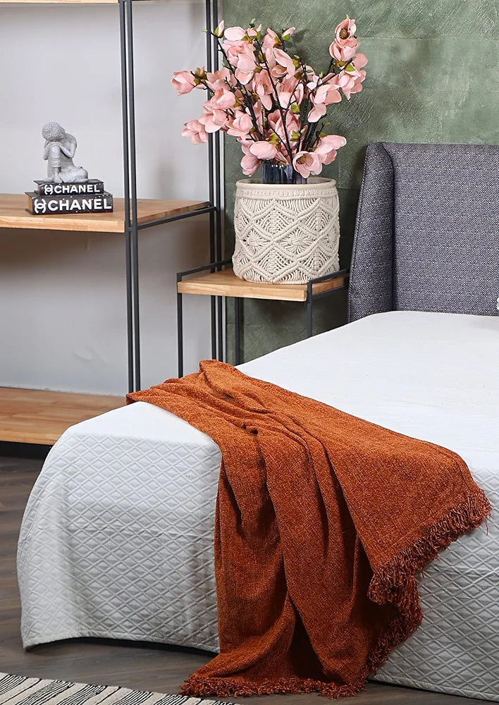 SASHAA WORLD Lightweight Soft Chenille Throw | Throw Blanket for Sofa, Bed, Chair & Travel | Rust Throw Blanket | Pack of 1, 130 x 180 cm