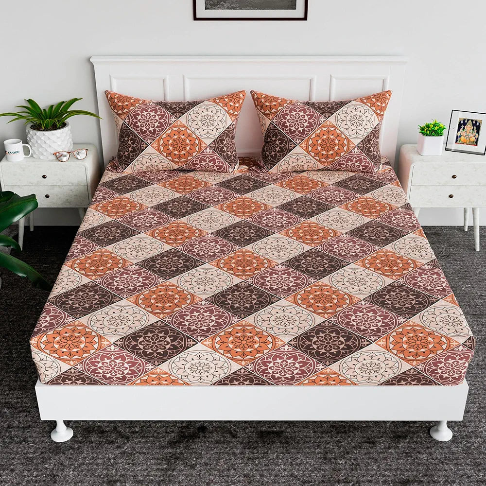 Kuber Industries Cotton Fitted Bedsheets For Double Bed With 2 Pillow Covers Included - 72x78 Inch Size & Rangoli Pattern Bedspread - Brown